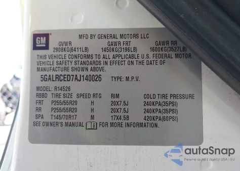 2010 Buick Enclave 2Xl из США, поврежденный, VIN 5GALRCED7AJ140026